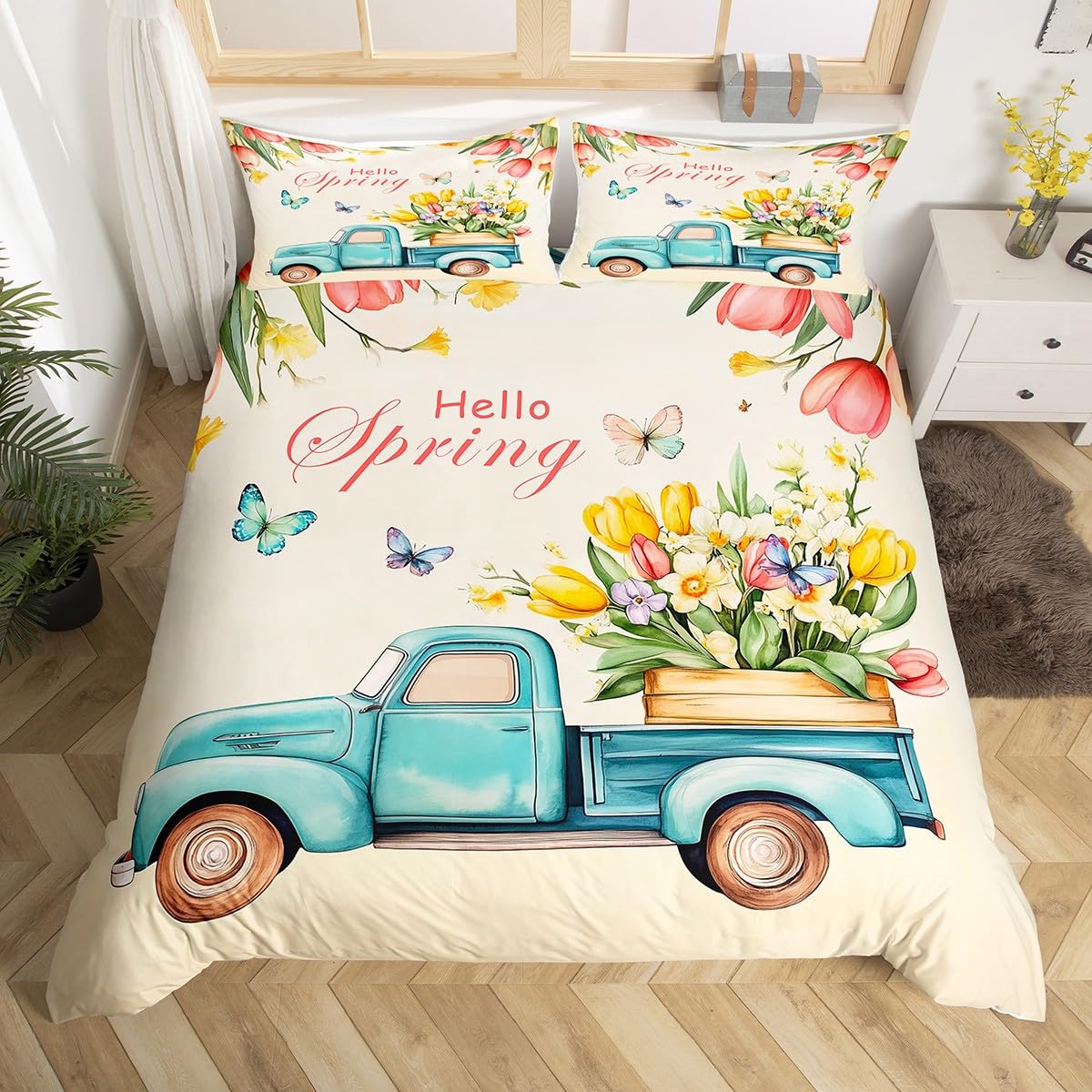 Hello Spring Duvet Cover Set Queen Size,Retro Truck Happy Camping Bedding Set,Girls Women Room Decor,Butterfly Tulip Flowers Romantic Comforter Cover,