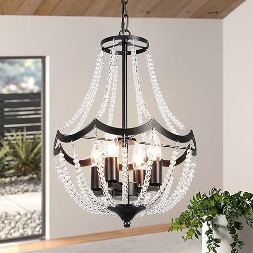 Modern Crystal Chandelier, Farmhouse Black Chandelier for Dining Room, 4-Lights Industrial Crystal Pendant Light for Bedroom Kitchen Island Foyer Hallway