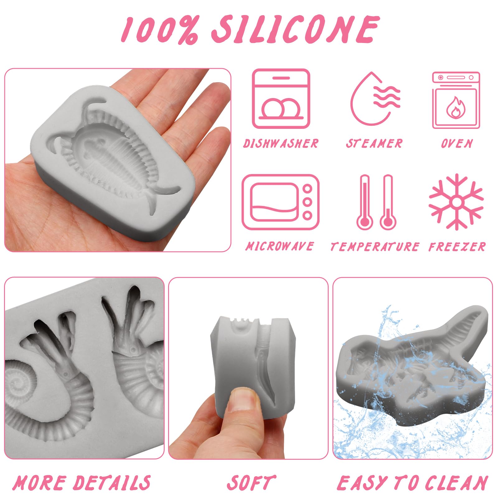 Fossil Silicone Resin Molds Set, 4 Pieces, Dinosaur T-Rex, Trilobite, Ammonite Designs for Chocolate Cake Decoration Cupcake Topper - Image 3