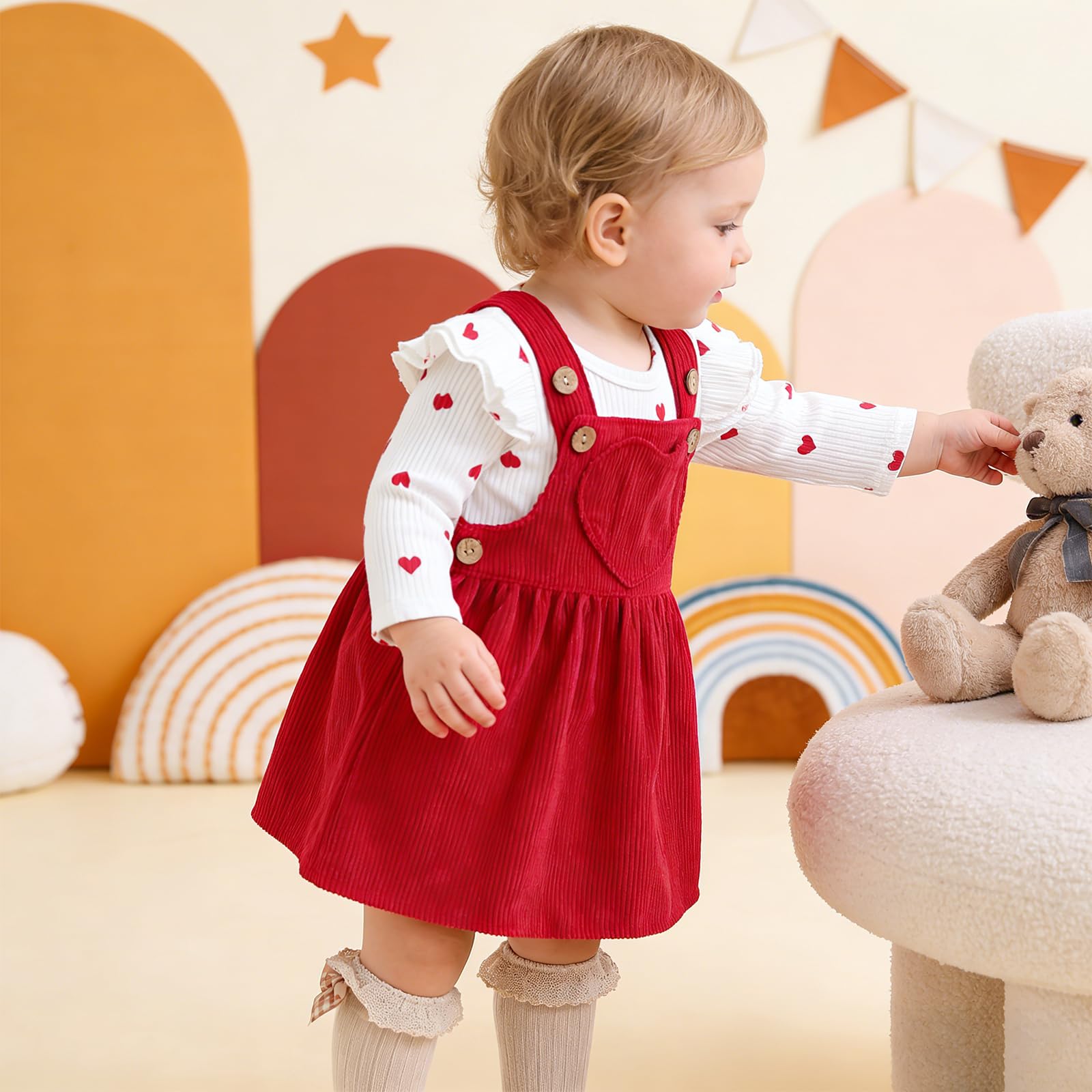 Vetement Bebe Fille Naissance Ensemble Bebe Fille Manches Longues à Volants Imprimé d'amour Body + Robe Bébé Filles Cadeau Naissance Filles Tenue Noel Bébé 0-18 Mois