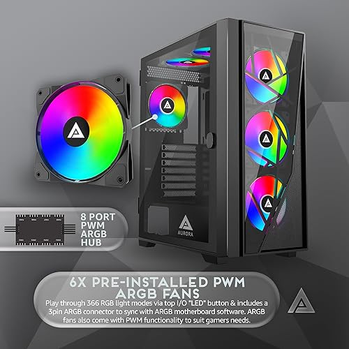 Miniatura 2 de Apevia Aurora-BK Aurora Mid Tower - Funda para PC para juegos con 6 ventiladores PWM ARGB de 4.724 in, 366 modos de luz RGB, 1 panel frontal