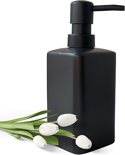 Dispensador de jabón rectangular negro, 12 onzas, cerámica con bomba de plástico