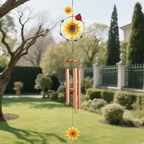 Miniatura 3 de Campana de viento de girasol  Campanillas de viento de metal para exteriores para patio y jardín  Diseño ligero a prueba de óxido con tonos