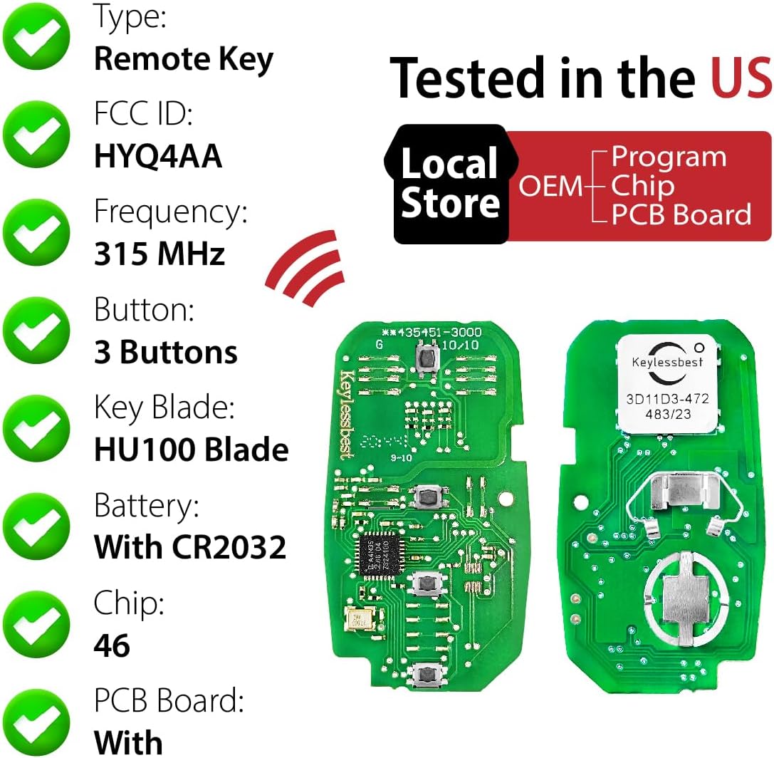 Car Key Fob Remote Keyless Entry Control HYQ4AA 315MHz 3 Button Replacement for 2016-2022 Chevrolet Spark Sonic Equinox Traverse Blazer
