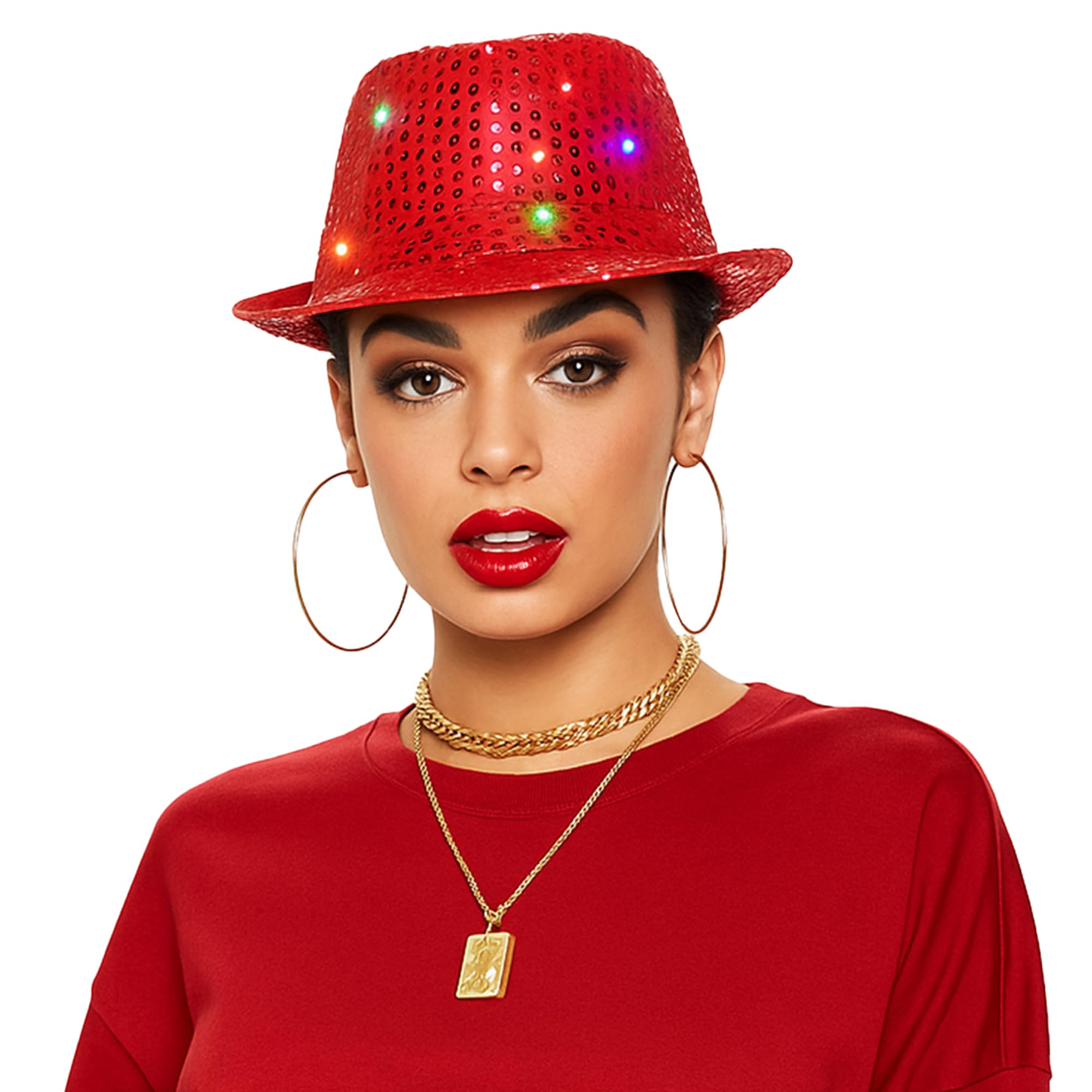 The Fancy Dress® Adult LED Light Up Sequin Trilby Hat, Women Men Multi-Function Fedora Flashing Jazz Hat Cowboy Hat Performance Props Party & Carnival Fancy Dress Up Hats Unisex, Red — image 1