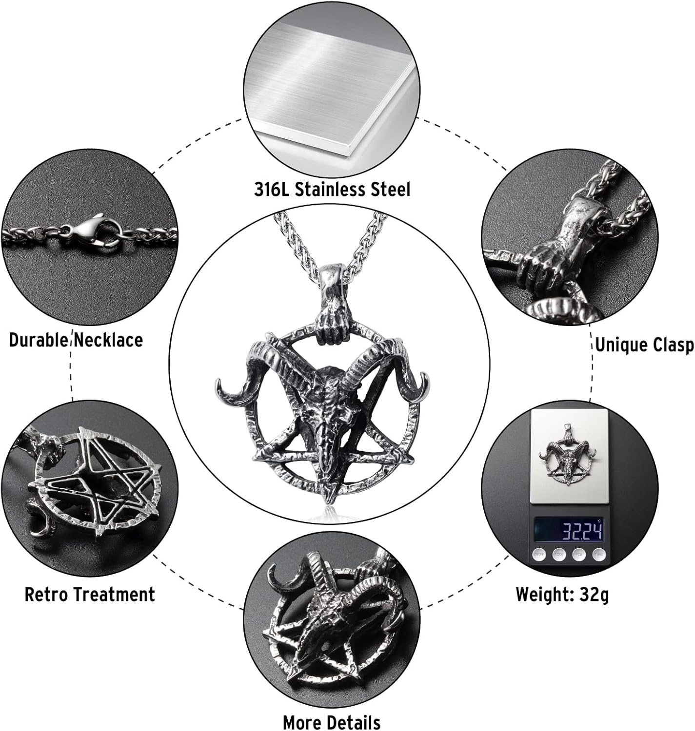 Satanic Necklace Goat Head Inverted Pentagram Sigil of Lucifer Pendant Necklace Jewelry for Men 60cm - Image 2