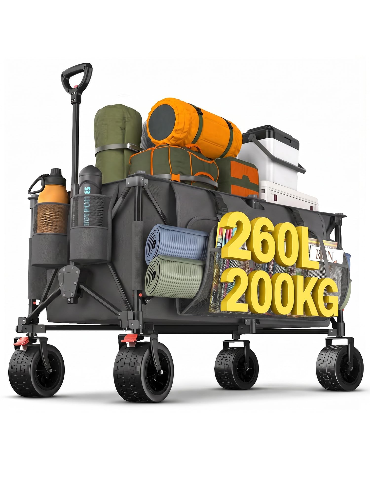 JUMMICO XXXL Faltbarer Bollerwagen 260L 200KG Tragkraft, Kapazität 17cm Ballonreifen Doppelte Feststellbremse Strand Einkauf Fest Camping Transportwagen, Grau