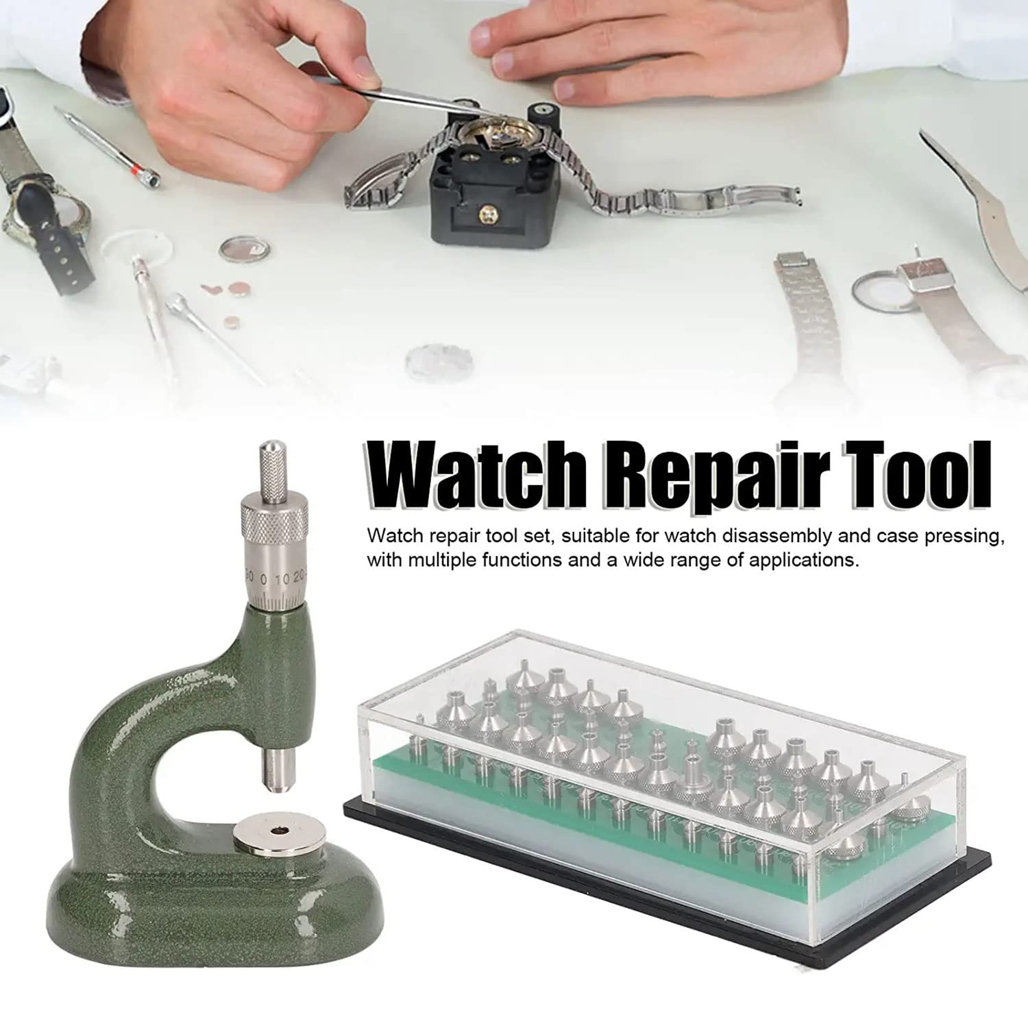 Herramienta de ReparacióN de Relojes, Conjunto de Prensa de Reloj, Carcasa Trasera Reloj, Herramienta de JoyeríA de, AleacióN de Aluminio Verde con 48 Uds. De Troqueles