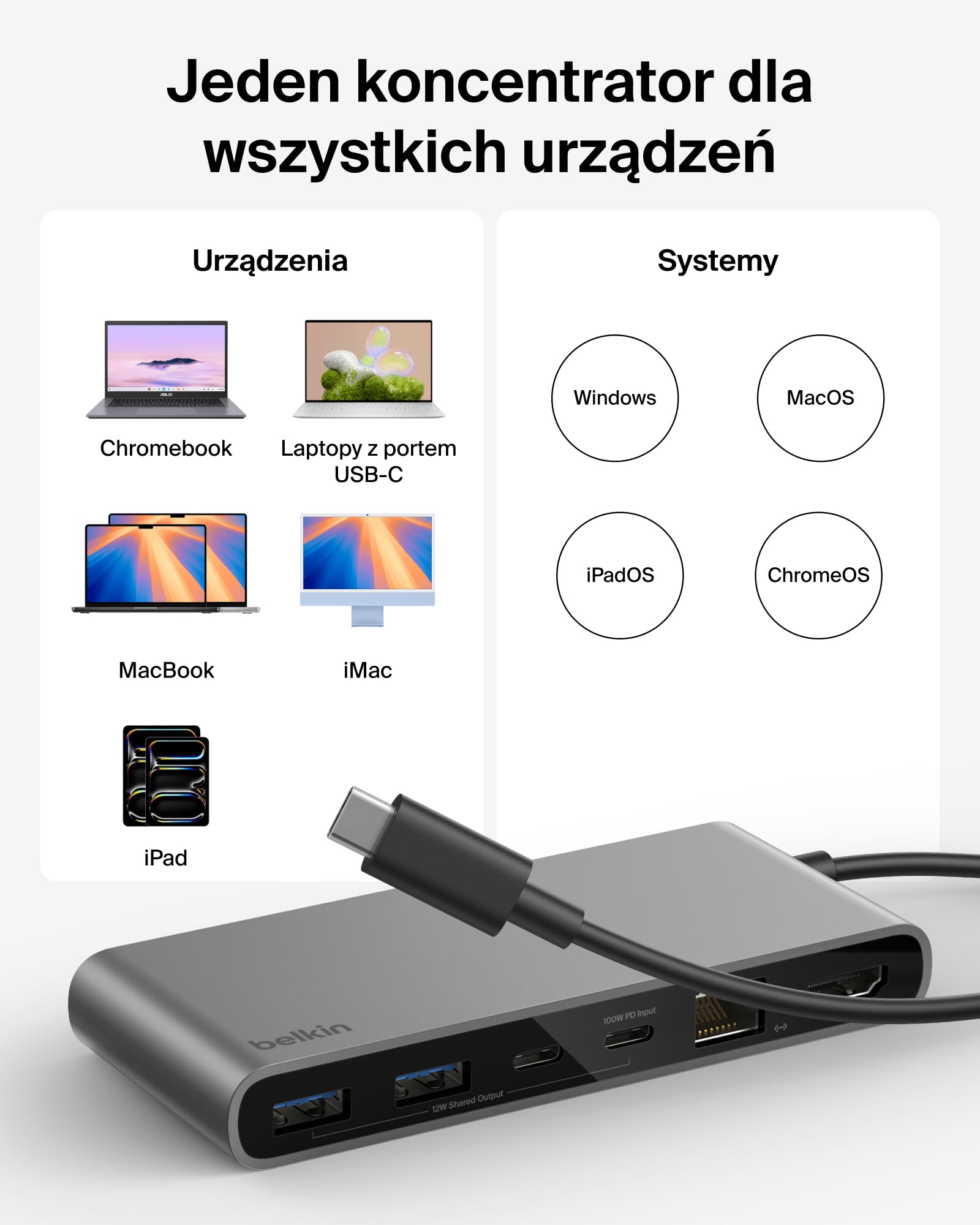 Belkin Connect 8-portowy USB C Hub, Obsługa Wyświetlaczy do 4K przy 60 Hz – Działa z Urządzeniami Mac, Windows i Chromebook – 100 W PD, Transmisja Danych 10 Gb/s, Ethernet 2,5 Gb/s – Szary
