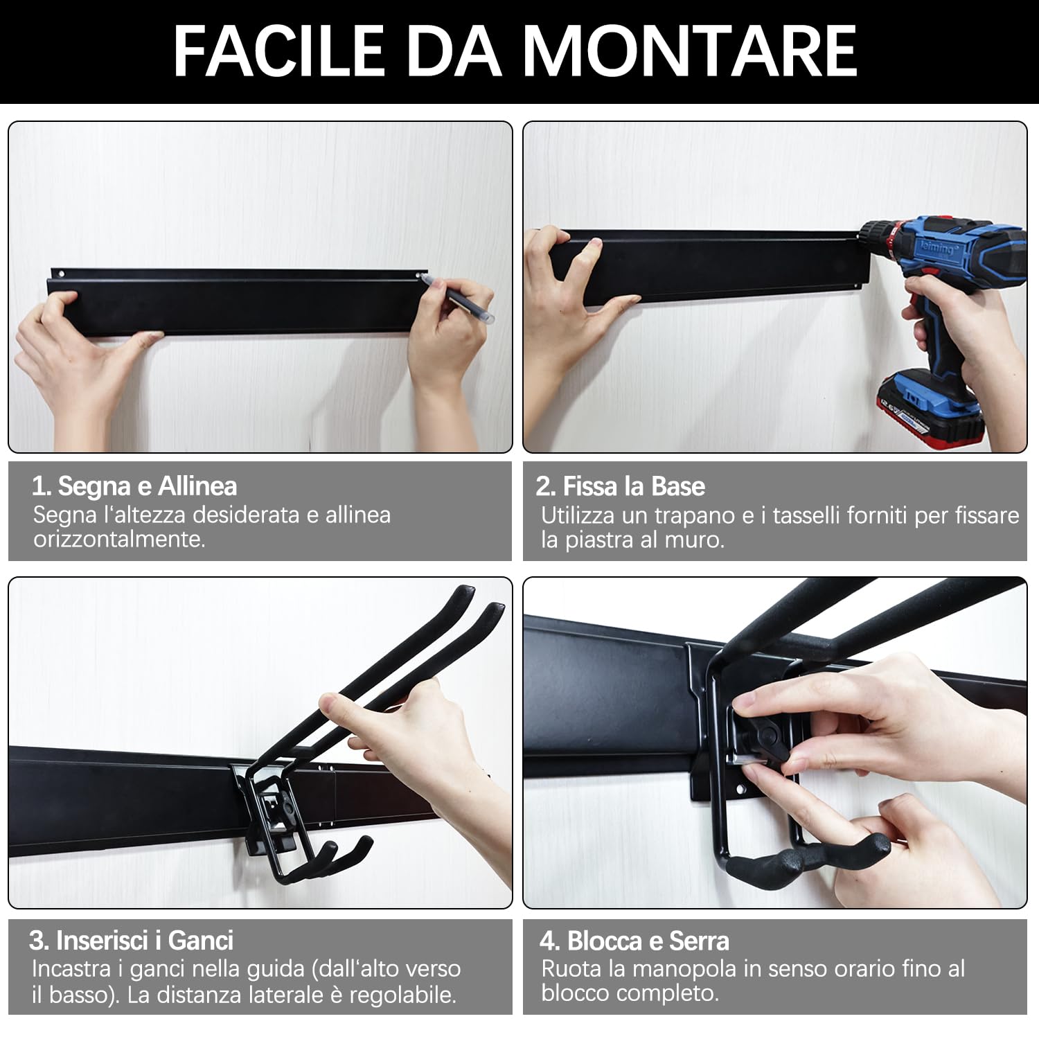 3-H Portautensili per garage, 160 cm, regolabili, 11 ganci da parete per garage e 4 ganci a S, per attrezzi da giardino, per cantina, attrezzature da sci, scopa, rastrello, nero