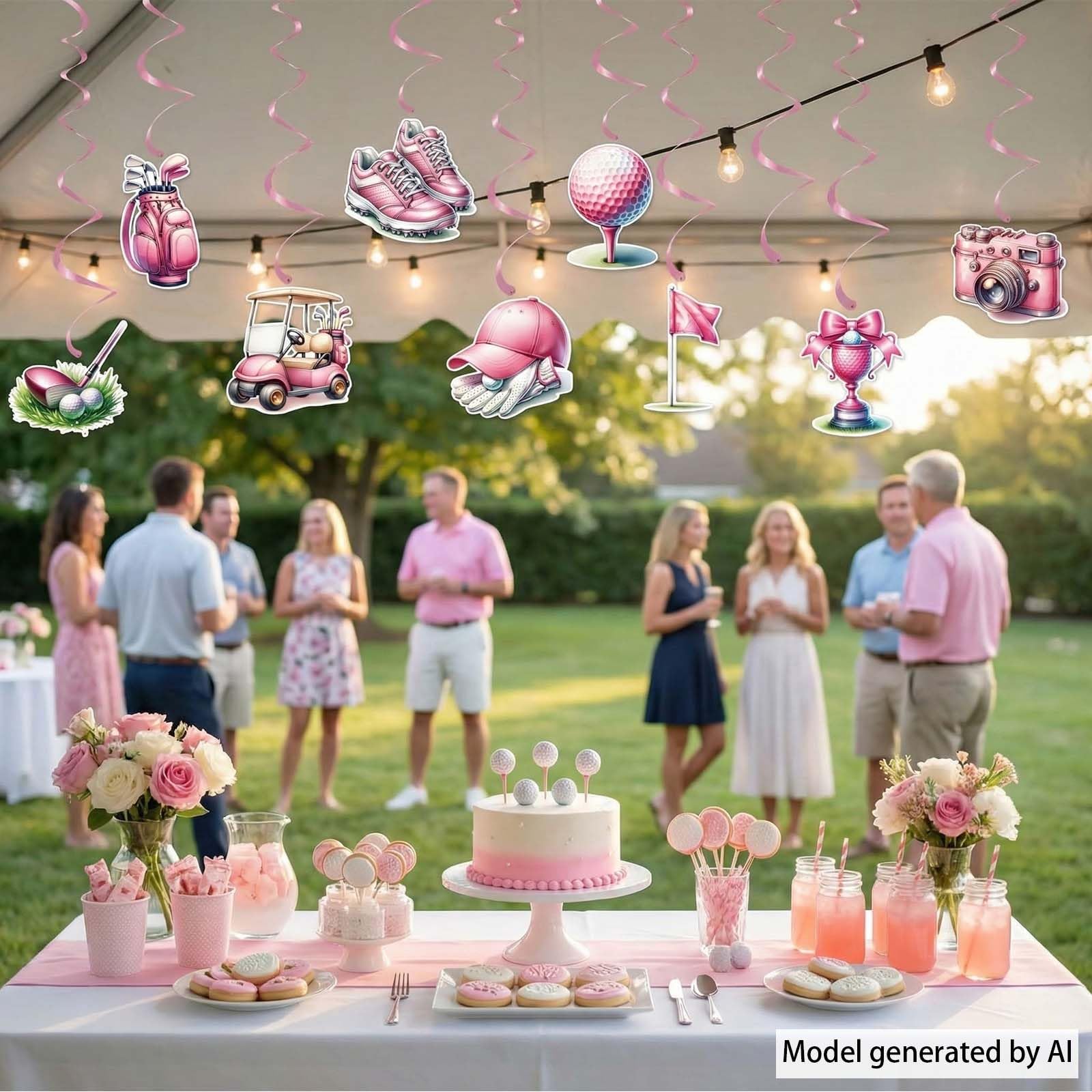 Różowe wiszące dekoracje golfowe, motyw golfa, zawijasy sufitowe dla kobiet i dziewcząt, urodziny, baby shower, wieczór panieński i artykuły na wieczór panieński, 9 szt