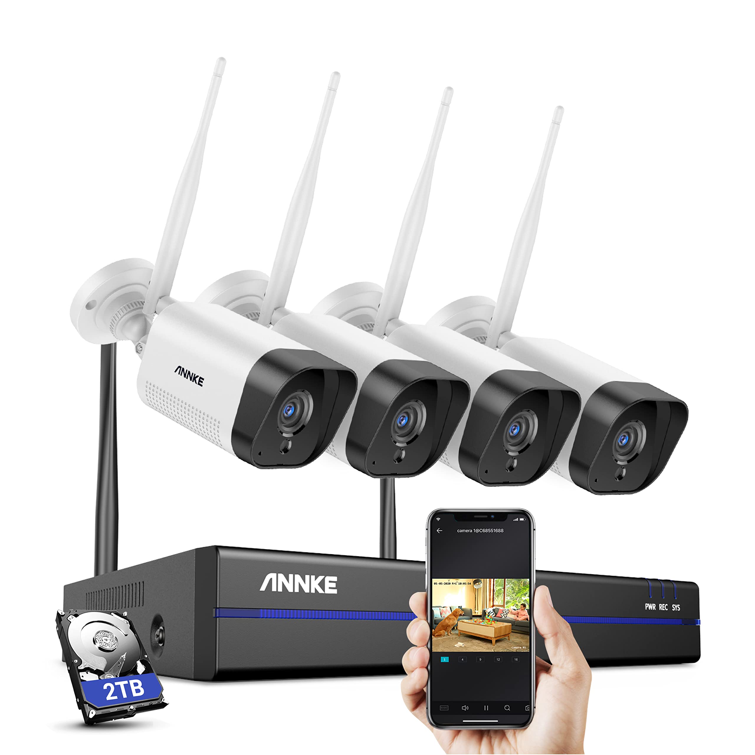 ANNKE Kit Videosorveglianza WiFi 3MP, NVR 10CH 5MP e 4 Telecamere Wireless con disco rigido da 2TB, Supporta Visione Notturna IR, Audio a 2 Vie, Rilevamento di Persone/Veicoli,Compatibile con Alexa