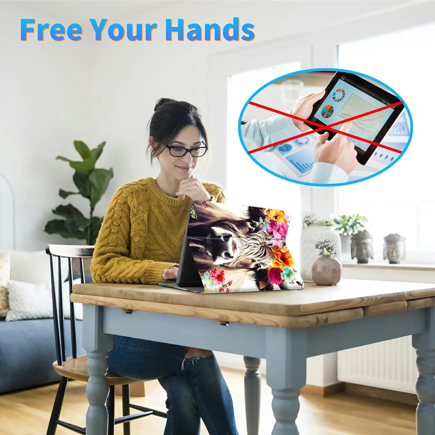 6" All-New Kindle (11th Generation 2024/2022 Release) Case for Women Men, Slim Adjustable Stand Back Protection Smart Cover for 6 Inch Basic Kindle 2024/2022, Flower Cow