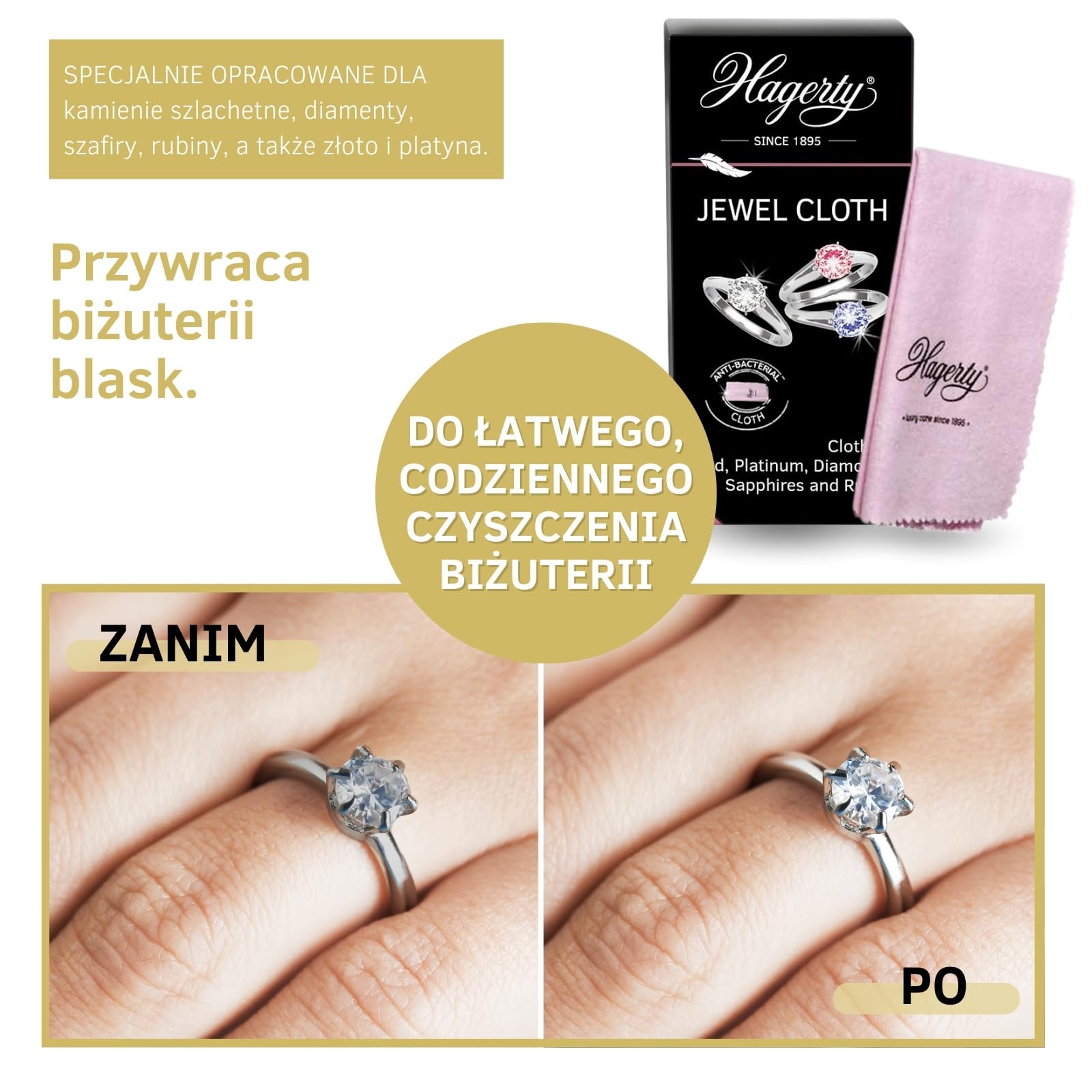 Hagerty Jewel Cloth Ściereczka do czyszczenia biżuterii kamieni szlachetnych złota platyny 36 x 30 cm I Impregnowana ściereczka biżuteryjna z bawełny I