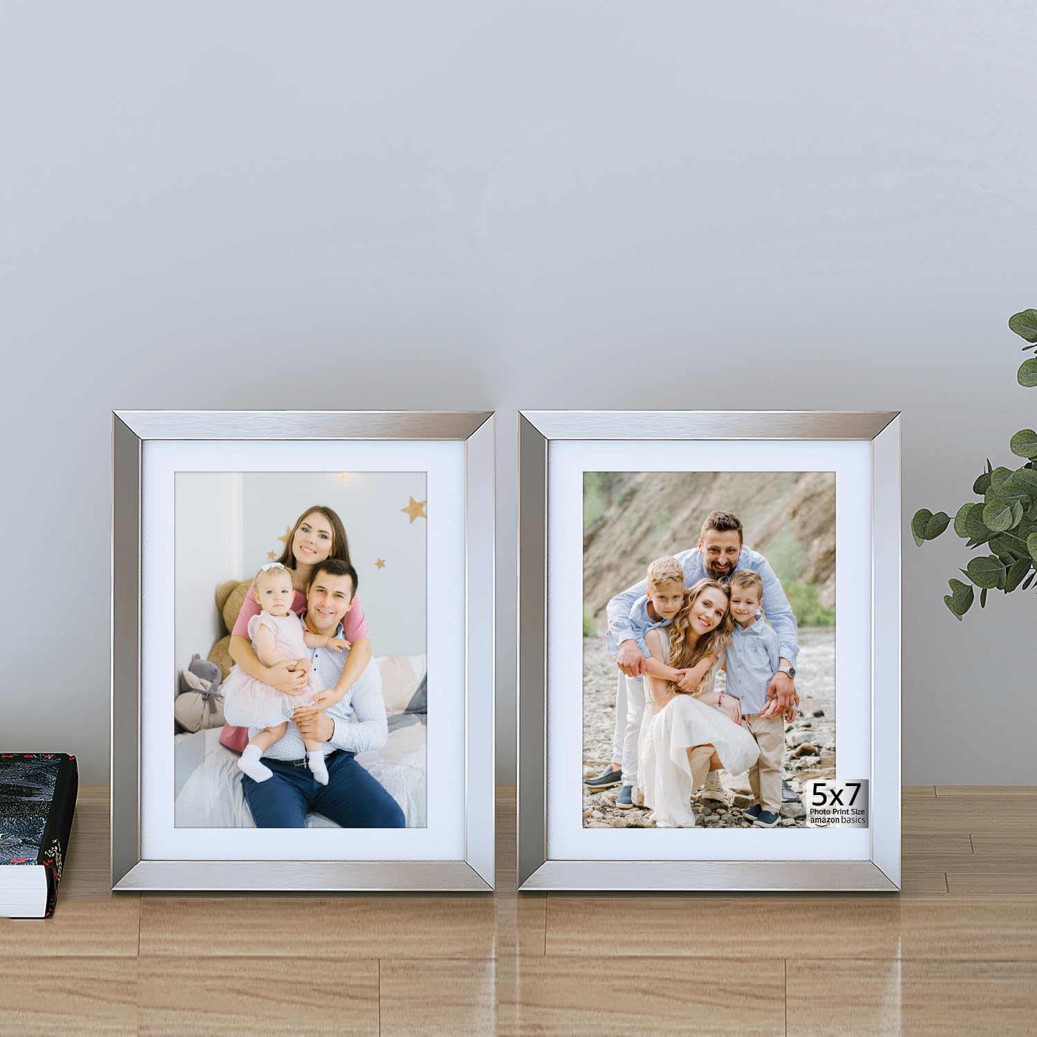 Amazon Basics Set Of 2 Wood Matted Photo Frames | Nickel Finish, Rectangular Design | Tabletop Stand And Wall Mount Included, 17.8L X 12.7W CM