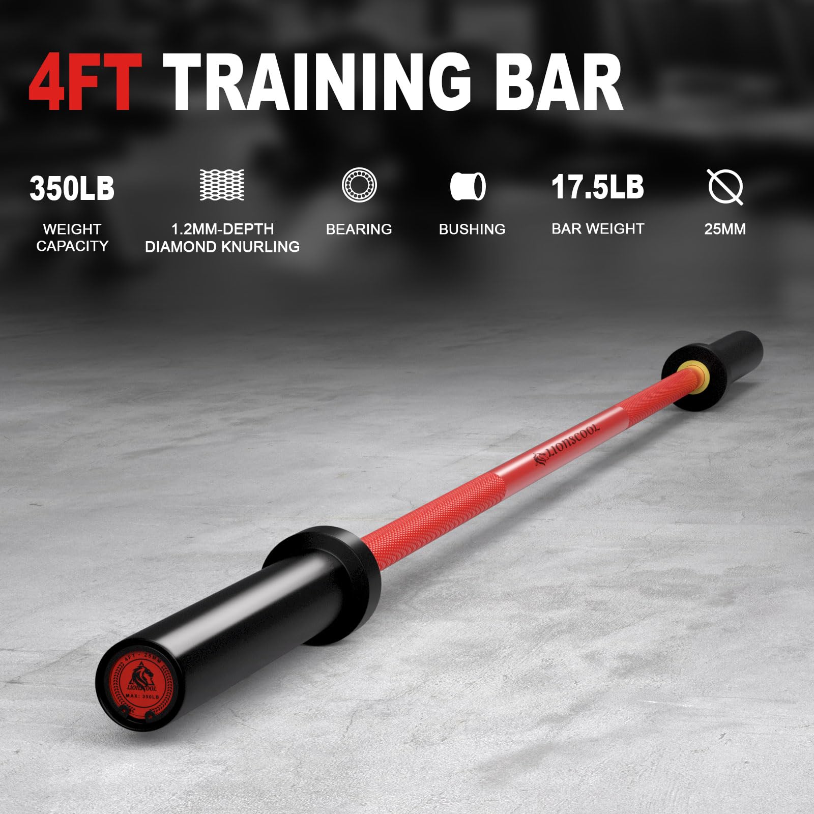 LIONSCOOL 25mm Grip 4ft Barbell (Red Ceramic Coating with Black E-Coated Sleeves, 4FT, 350LBS)