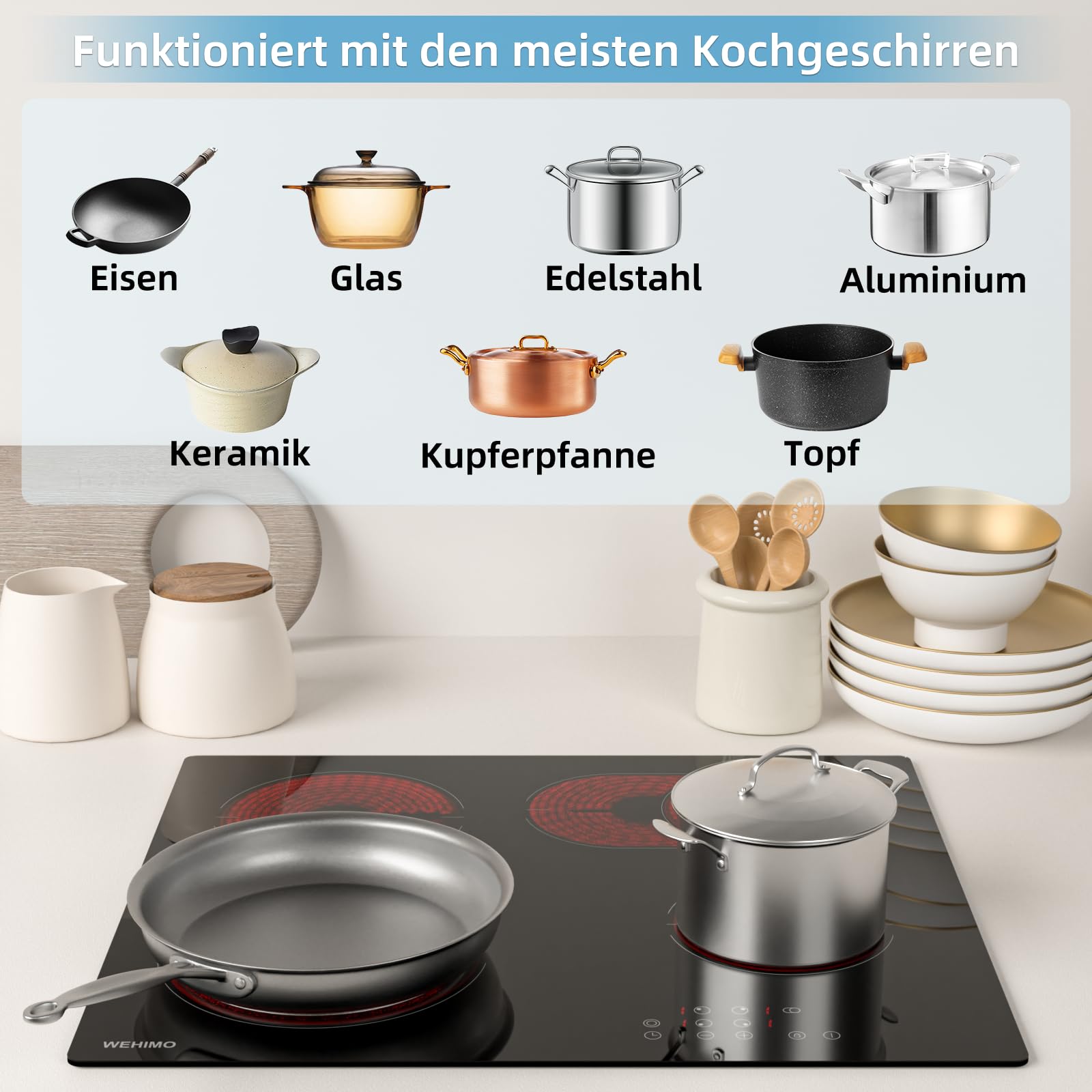 Glaskeramikkochfeld 4 platten, WEHIMO Glaskeramikkochfeld 60cm, 7200W, 4 Kochzonen mit dualkochzone, 9 Stufen, Kindersicherung, Timer, Einbau Rahmenlos Keramikkochfeld, Geeignet für Alle Töpfe