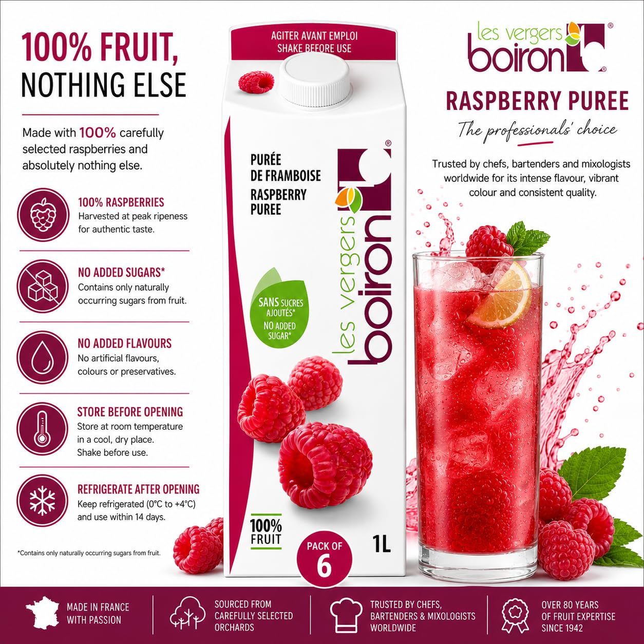 Boiron | Purée de framboise 100% fruits – Sans sucre ajouté, arômes, colorants ou conservateurs | Parfait pour les cocktails, desserts, pâtisserie et crème glacée | 1 litre