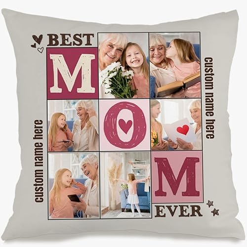 Six Photo Custom Pillow Cover with Personalized Words for Mom, Soft Cushion Ideal as a Unique Gift for Mothers Day Family Holidays or Birthdays