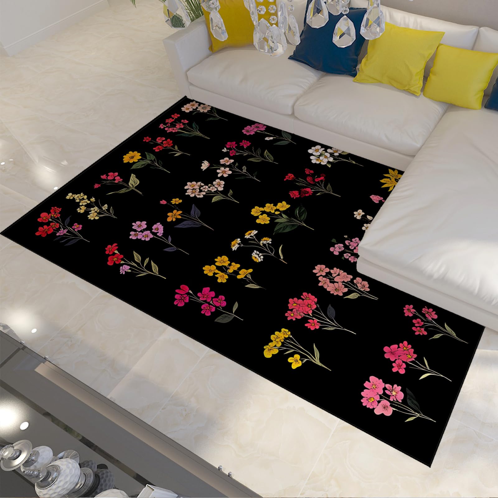 Tapis salon lavable fini les glissades bouquet floral 180x300