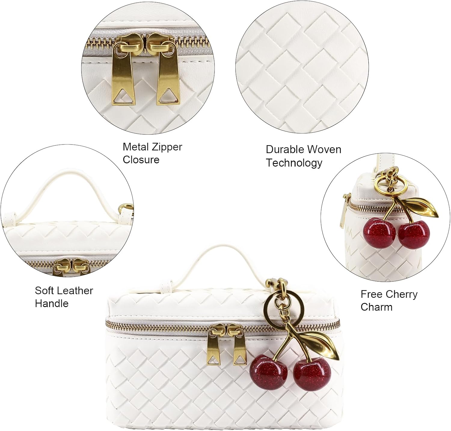 Woven Crossbody Bags for Women Trendy Clutch Purse Bag Small Top Handle Leather Handbag with Cherry Charm - Image 4