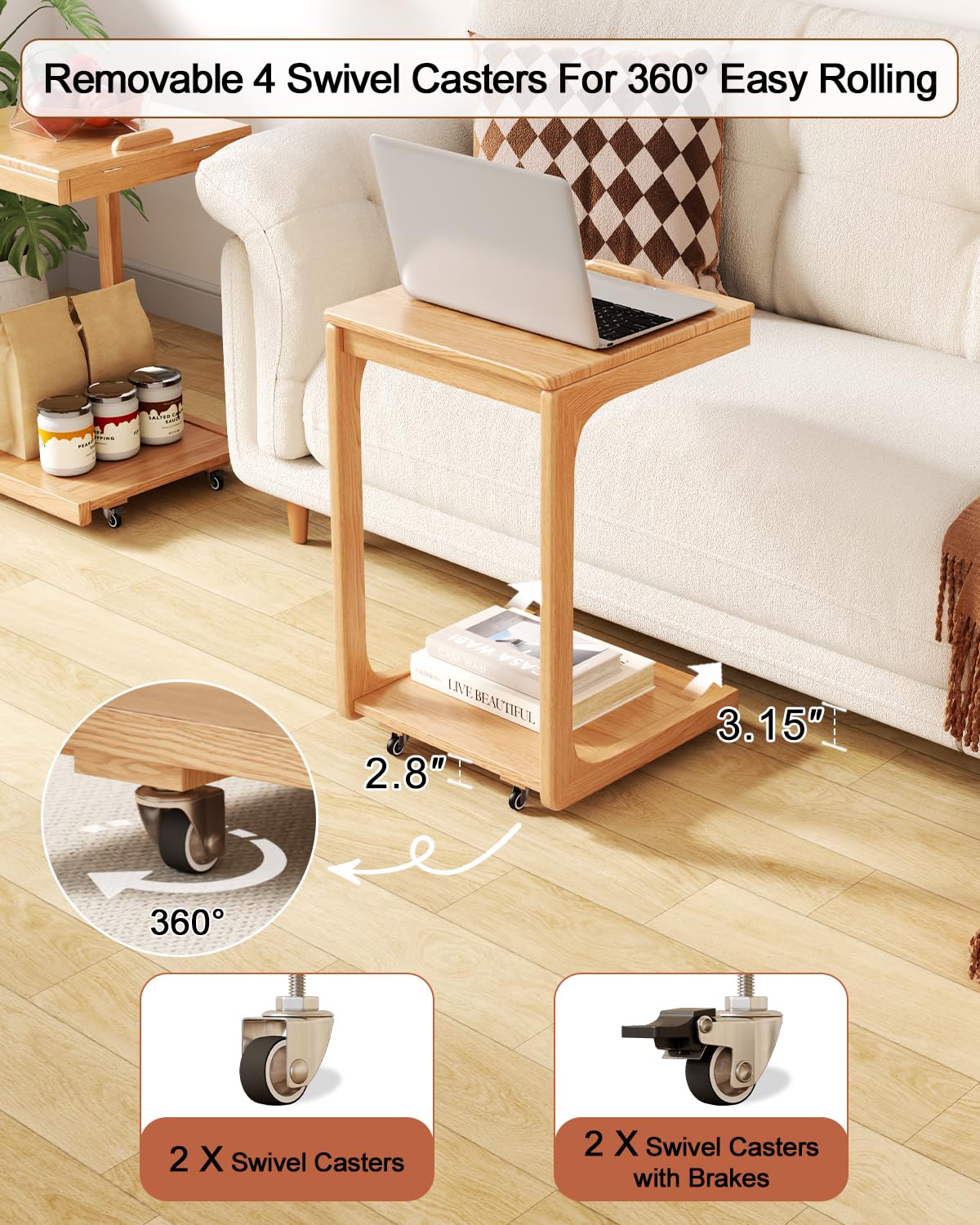 AQIMUELE Tavolino laterale in legno, tavolo per divano con ruote, a forma di C, tavolino da caffè mobile,40P x 40l x 63H cm, per caffè e computer portatile (Naturale)
