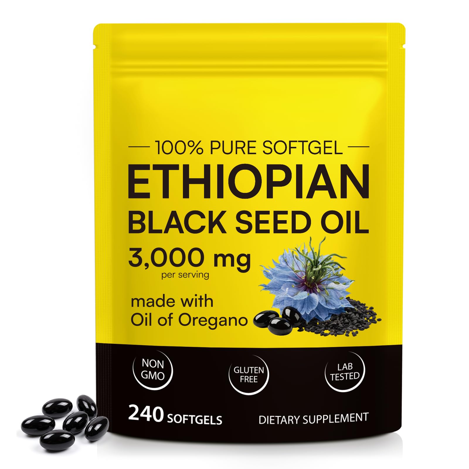 Black Seed Oil Capsules 3000mg, Cold-Pressed Nigella Sativa, 240 Softgels