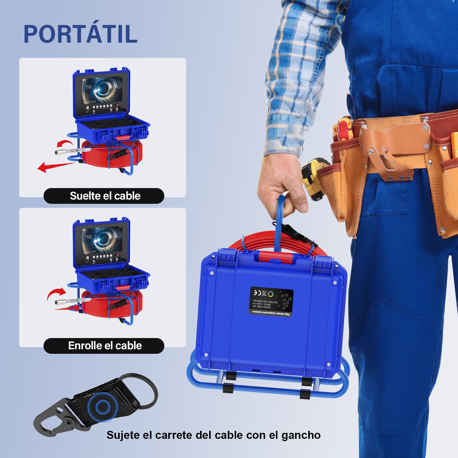Cámara Endoscópica 9" Monitor Cámara Inspección de Tuberías con Nivelación Automática DVR Grabación de vídeo y Audio con Contador de Metros 30m