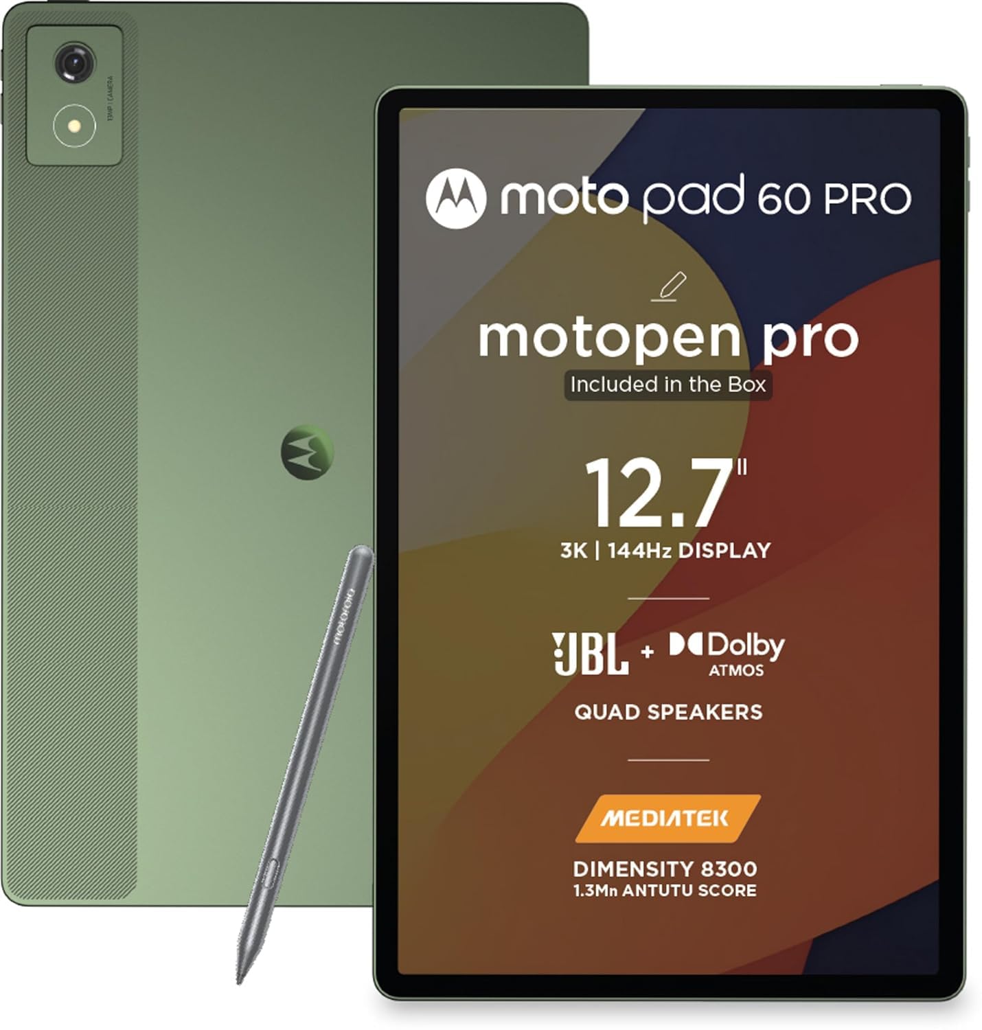 Motorola Pad 60 Pro (Pantone Bronze Green, 12GB RAM, 256GB ROM) | 12.7" 3K LTPS Display | MediaTek Dimensity 8300 | 10200 mAh Battery | Moto Pen Pro | Wi-Fi Only | Android 14