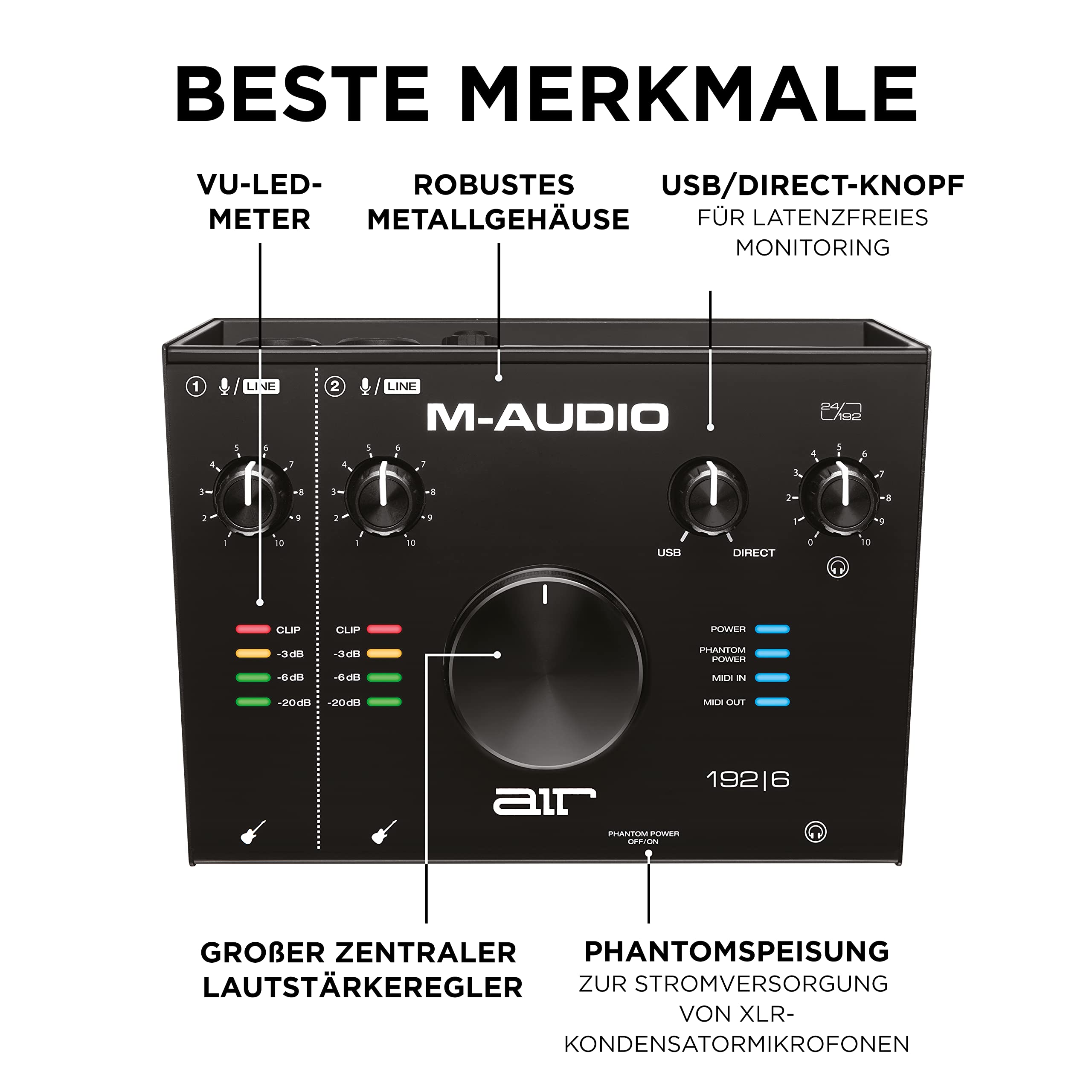 M-AUDIO Air192|6 USB MIDI Audio Interface für Aufnahmen in Studioqualität mit 2 XLR und Line Eingängen und Recording Software