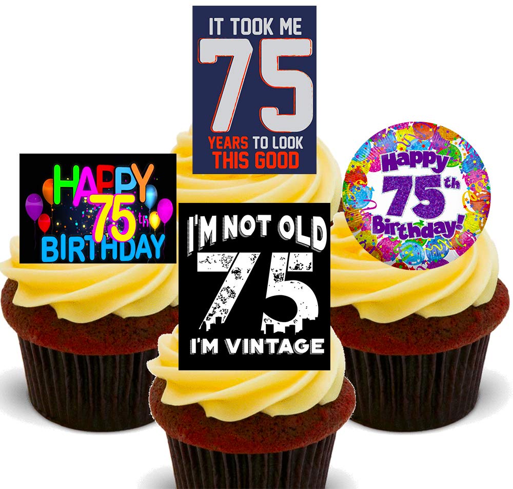 75th Birthday Male - Edible Cupcake Toppers - Stand-up Wafer Cake Decorations (24)