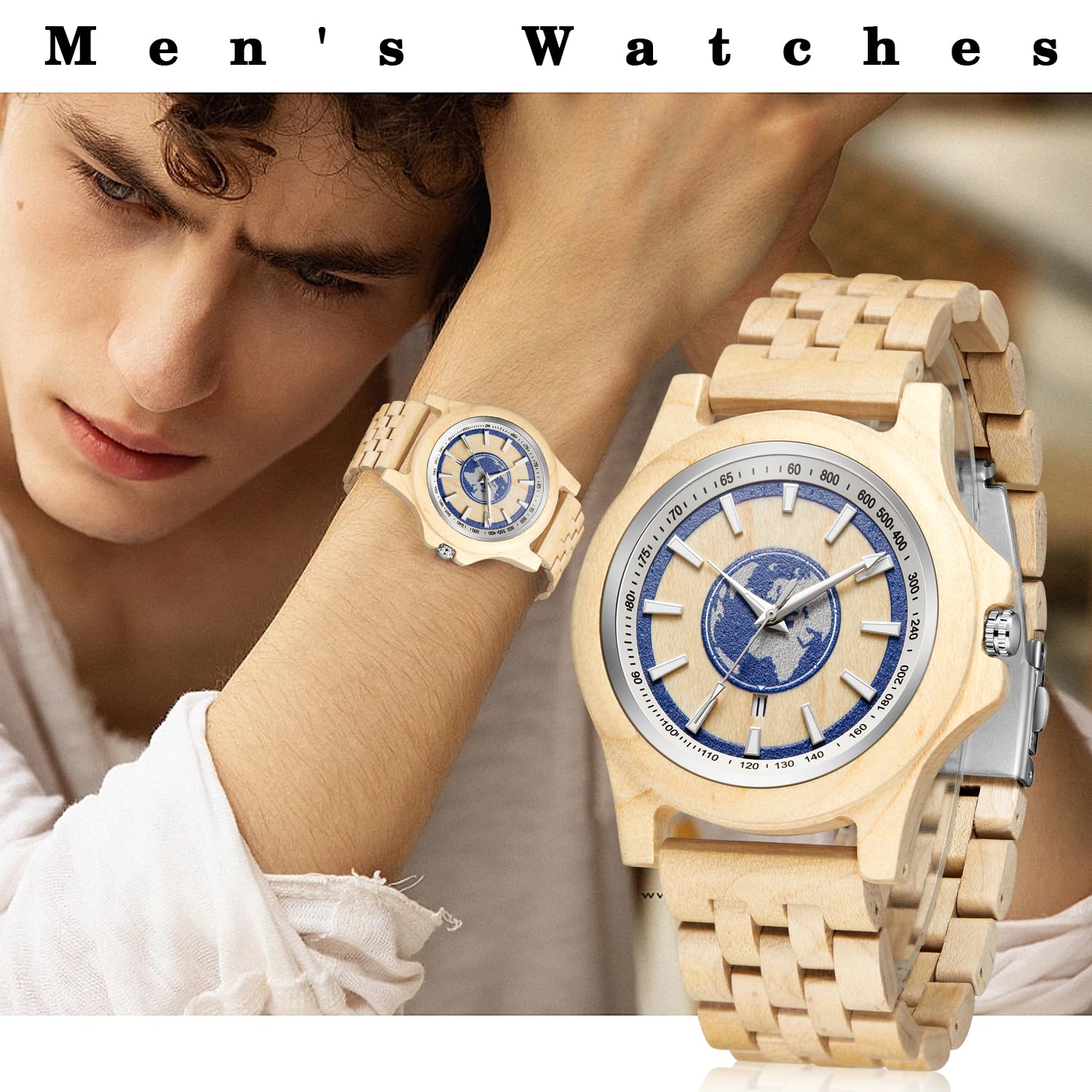 Tiong Reloj de madera para hombre, reloj de cuarzo analógico de color natural, correa de madera ajustable, reloj de cuarzo para hombre, Q1058-1, Pulsera