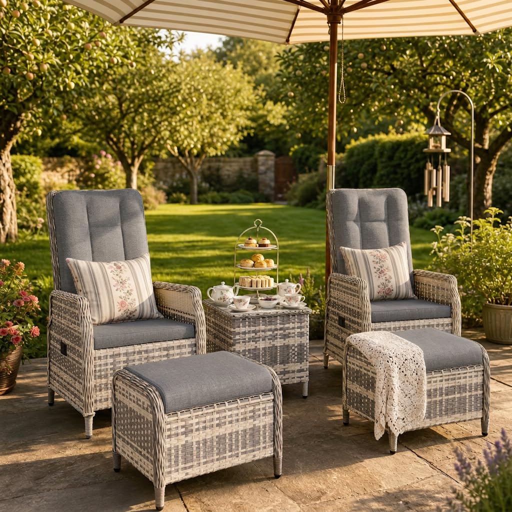 Gotland Rattan Gartenmöbel Set Lounge Möbel Outdoor, Verstellbares 2-Sitzer Terrassen/Balkon möbel Set mit 118° Rückenlehne & Fußhocker, Hochwertige Polster & Glastisch, Gartengarnitur Wetterfest