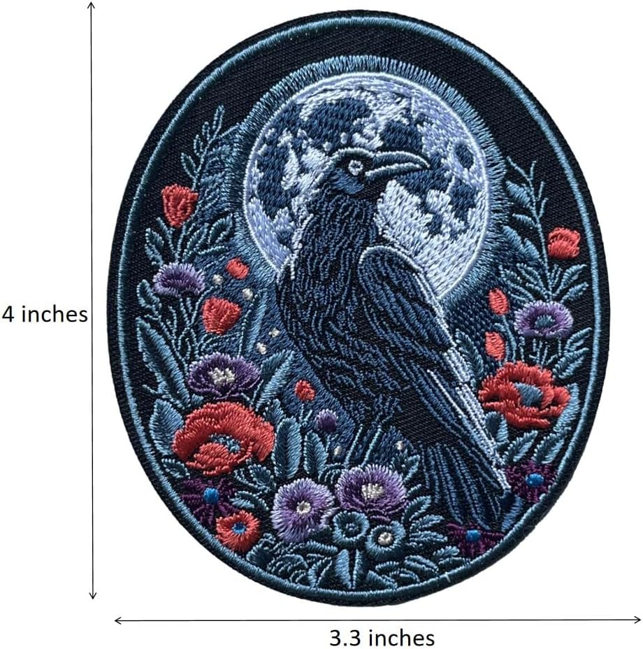 4" Raven Moon Flowers Embroidered Iron-on Patch, Viking Badge, Gothic, Crow Gifts