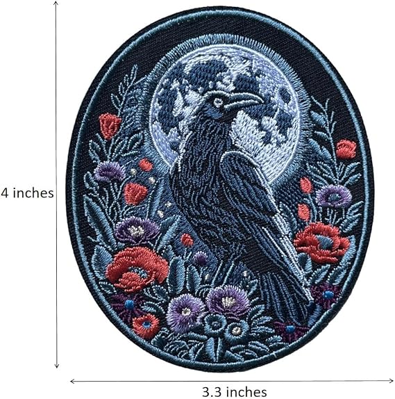 4 Raven Moon Flowers Embroidered Iron-on Patch, Viking Badge, Gothic, Crow Gifts