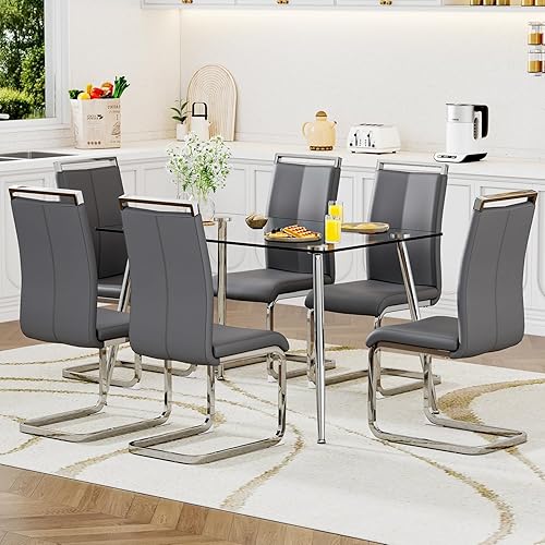 Miniatura 14 de Ebullient Juego de mesa de comedor de cristal para 4, juego de 5 piezas con 4 sillas de comedor de piel sintética negra, mesa de vidrio templado de