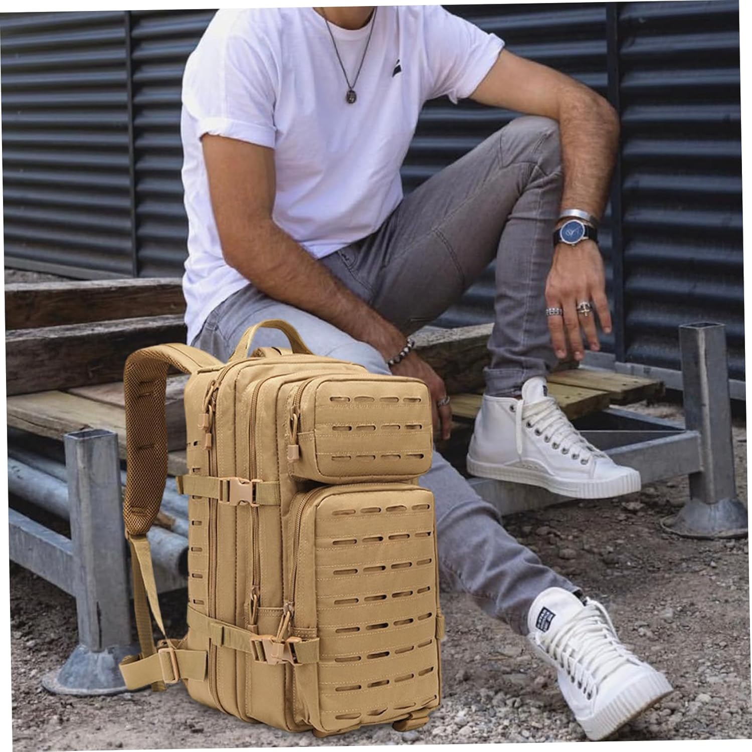 Tacticals Backpack for Men Molle System Survival Backpack Water-Resistant Multifunctional Hunting Bag for Travel Camping Hiking Sports, Khaki Hunting Survival Tacticals Bag