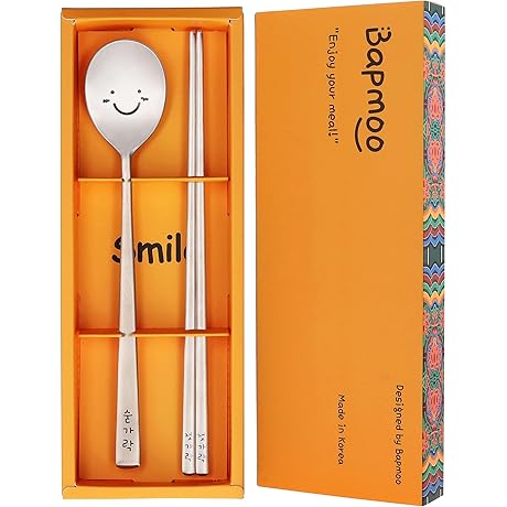 Beautiful Korean stainless steel chopsticks and spoon happy face & Hangul engraved...