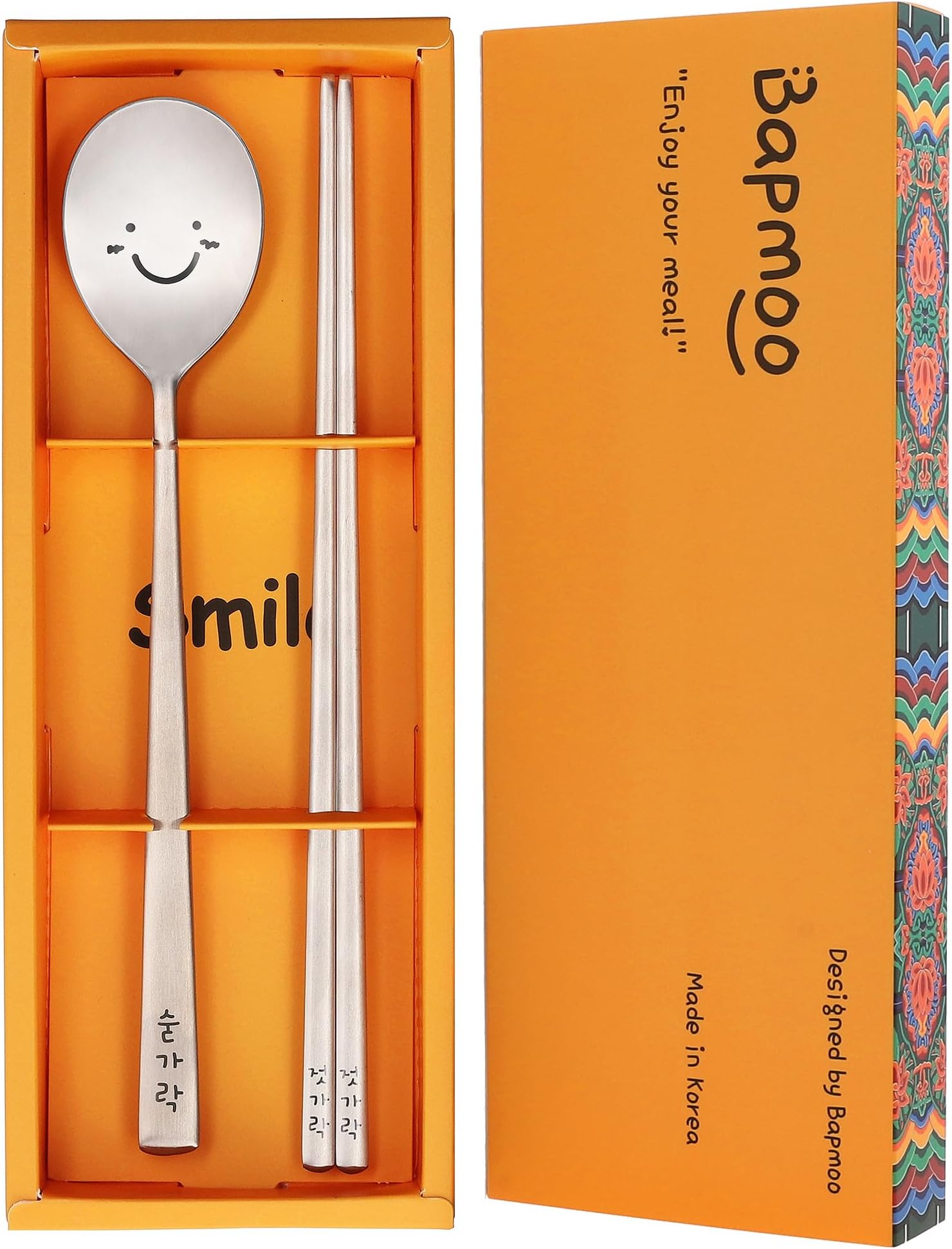Korean Chopsticks and Spoon Set Combinations Reusable Long Handle Metal Stainless Steel Good for Gift Happy Face & Hangul Characters Engraved Silver