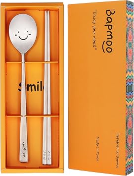 Korean Smiling Spoon and Chopsticks Set, Hangul Engraved Stainless Steel Tableware, Gift Ready Palace Inspired Box