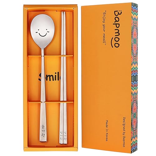 BAPMOO Korean Utensils Chopsticks and Spoon Set Reusable Long Handle Stainless Steel Good for Gift Happy Face & Hangul Characters Engraved Silver