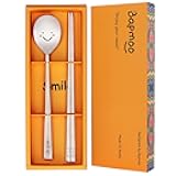 BAPMOO Korean Utensils Chopsticks and Spoon Set Reusable Long Handle Stainless Steel Good for Gift Happy Face & Hangul Characters Engraved Silver