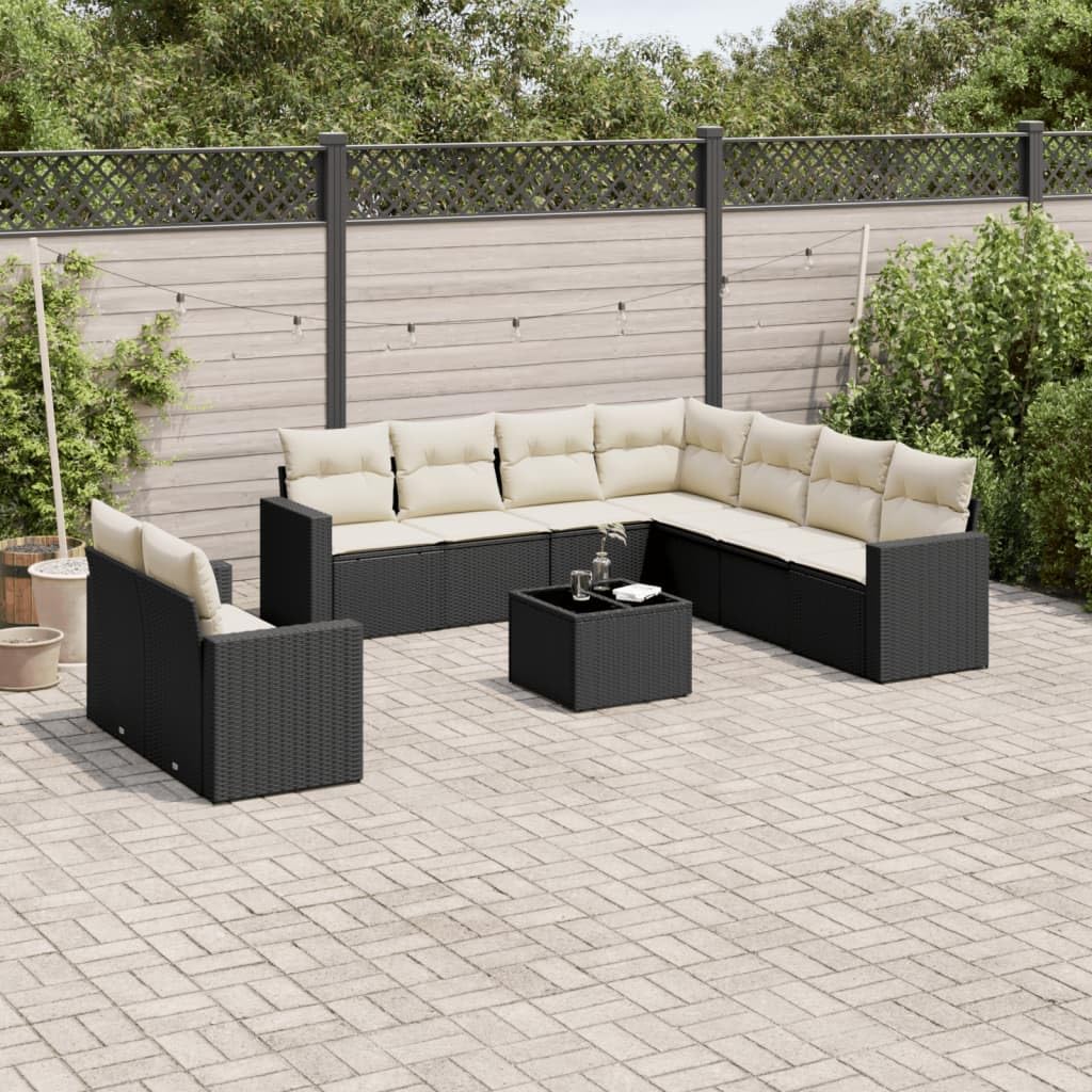 Ensemble de canapé de jardin 10 pièces avec coussins en polyrotin noir, résistant aux intempéries, modulable, avec table, espace de rangement, salon, balcon, terrasse, extérieur, jardin