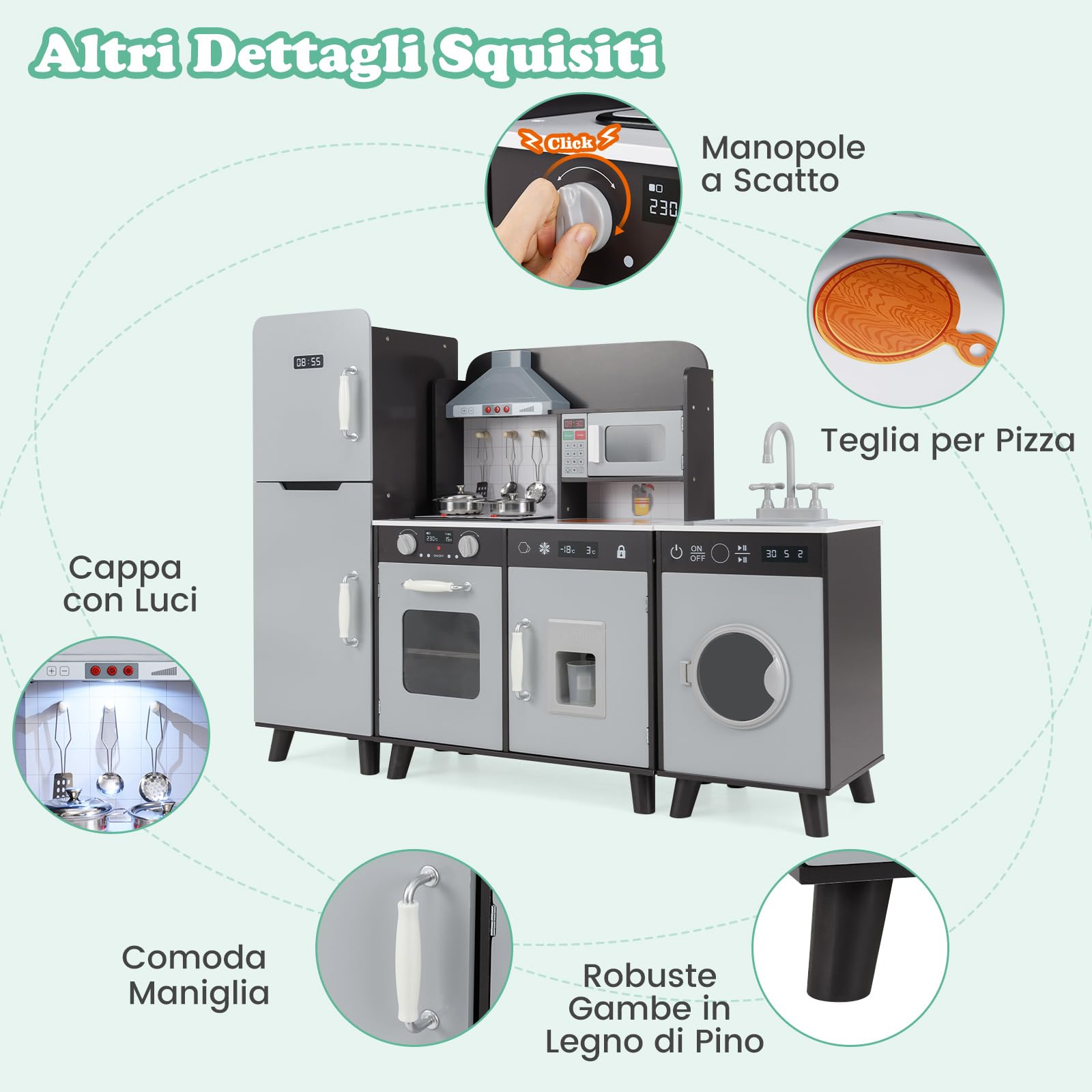 RELAX4LIFE 3 IN 1 Cucina Giocattolo per Bambini, Mini Cucina in Legno, Suoni e Luci Realistici, Cucina Giocattolo con Lavello, Fornelli, Frigorifero, per Bambini 3+ Anni (Marrone)