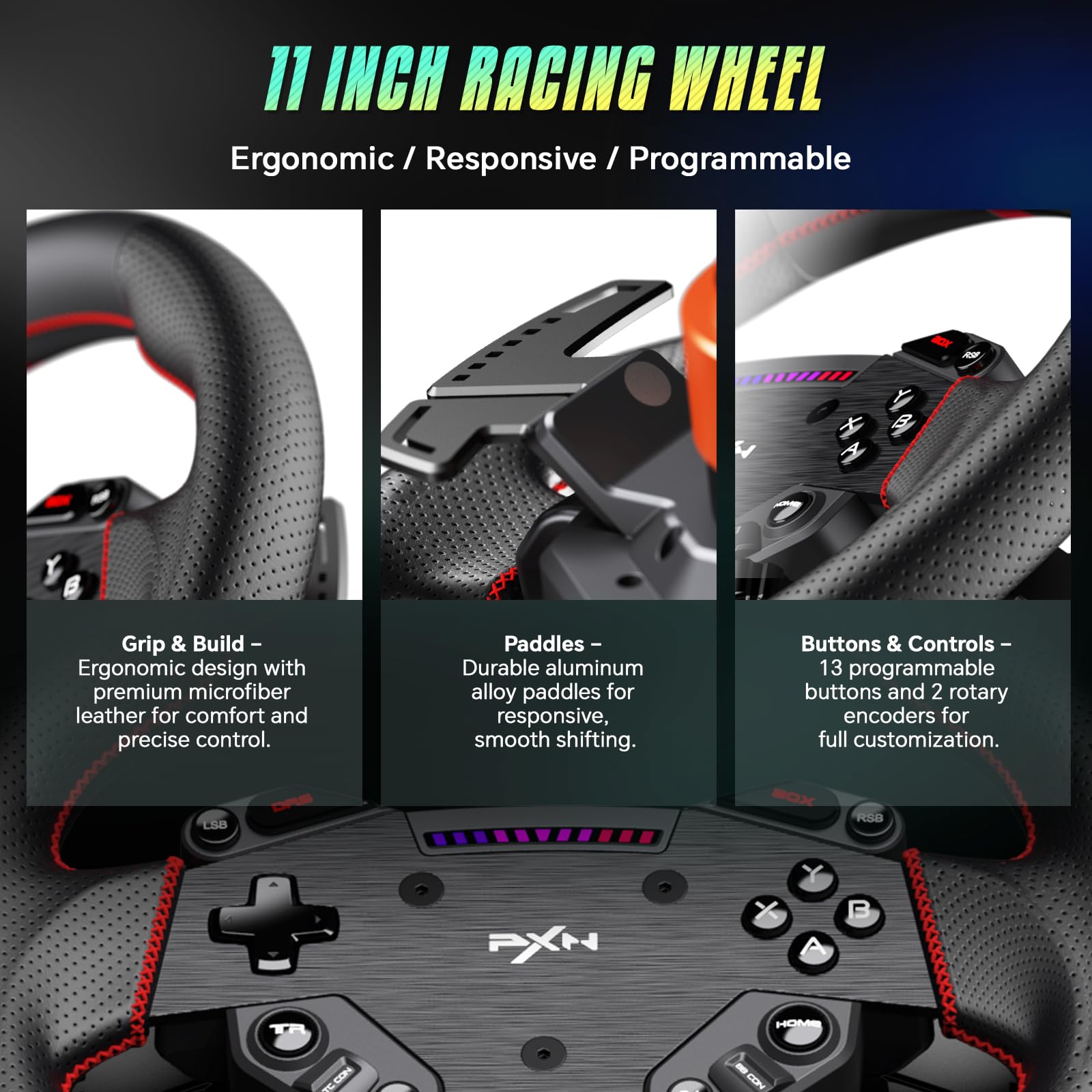 PXN VD4 Direct Drive Gaming Lenkrad Bundle – 4Nm Force Feedback Servo-Motor Basis mit Schnellverschluss, 11” W AS Rennlenkrad, Modulare Hall-Effekt Metallpedale, Tischklemme – für PC Windows 7–11