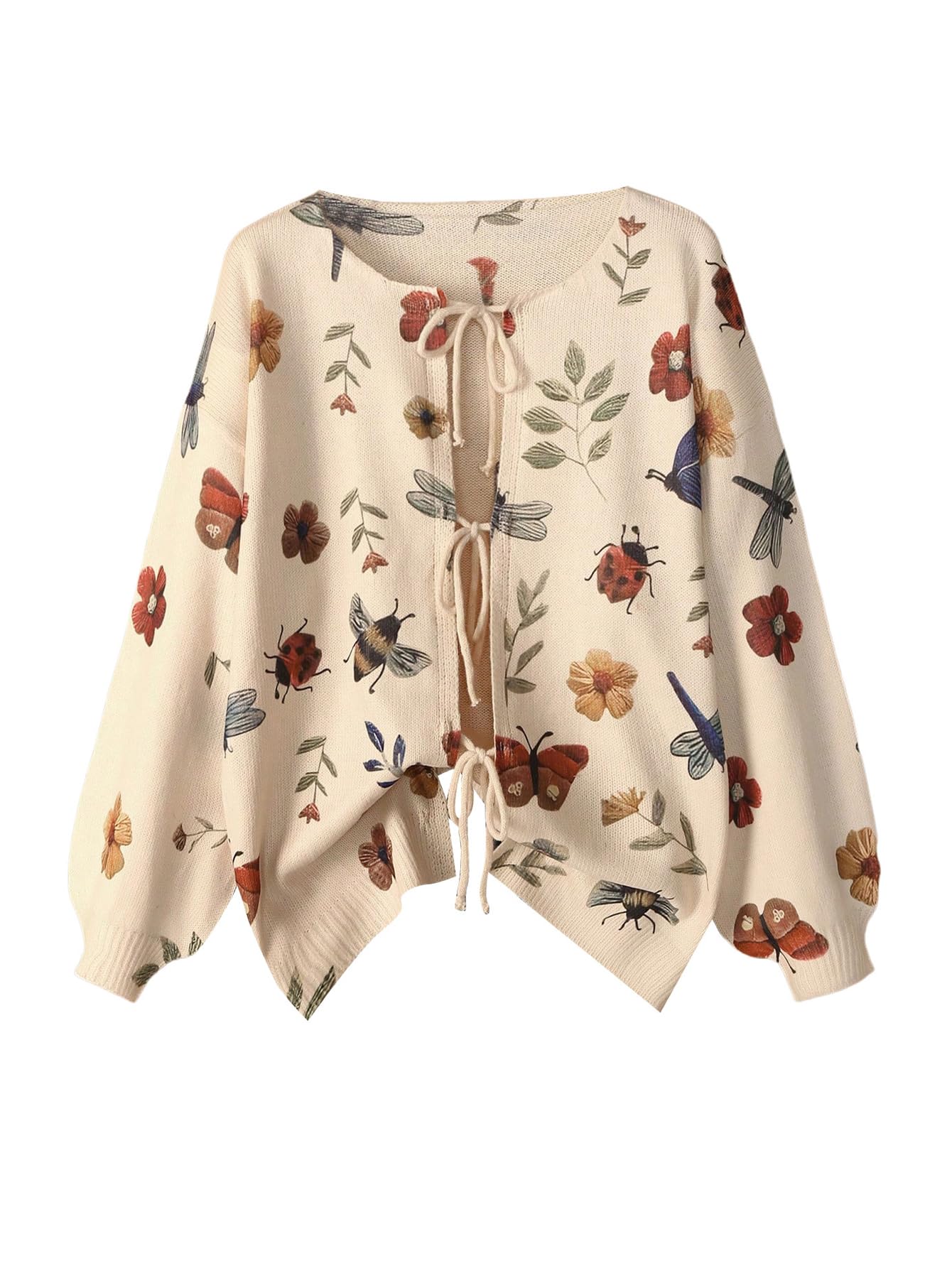 GORGLITTER Womens Plus Size Chunky Knit Bow Cardigan Sweater Tie Front Floral Open Front Tie Long Sleeve Trendy