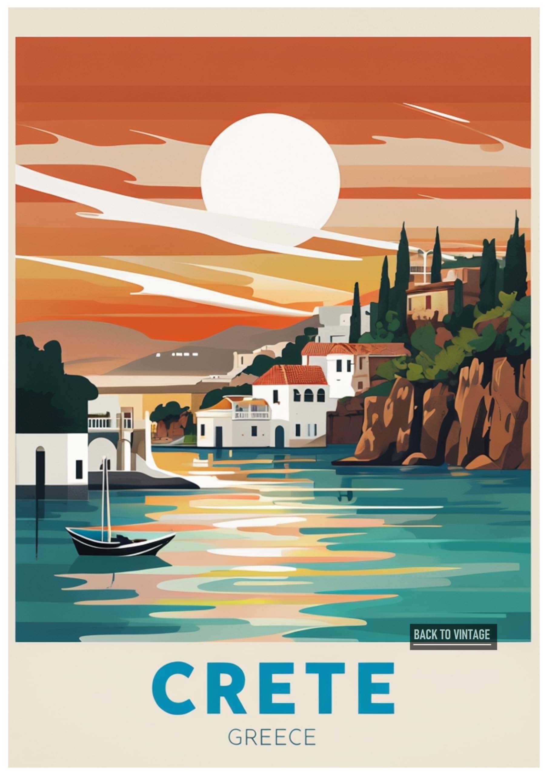 Vintage Travel Poster Illustrating Serene Crete At Sunset - Retro Europe Travel Poster A4 Size Vintage Wall Art Print of Famous European Destinations Ideal for Home or Office Decor