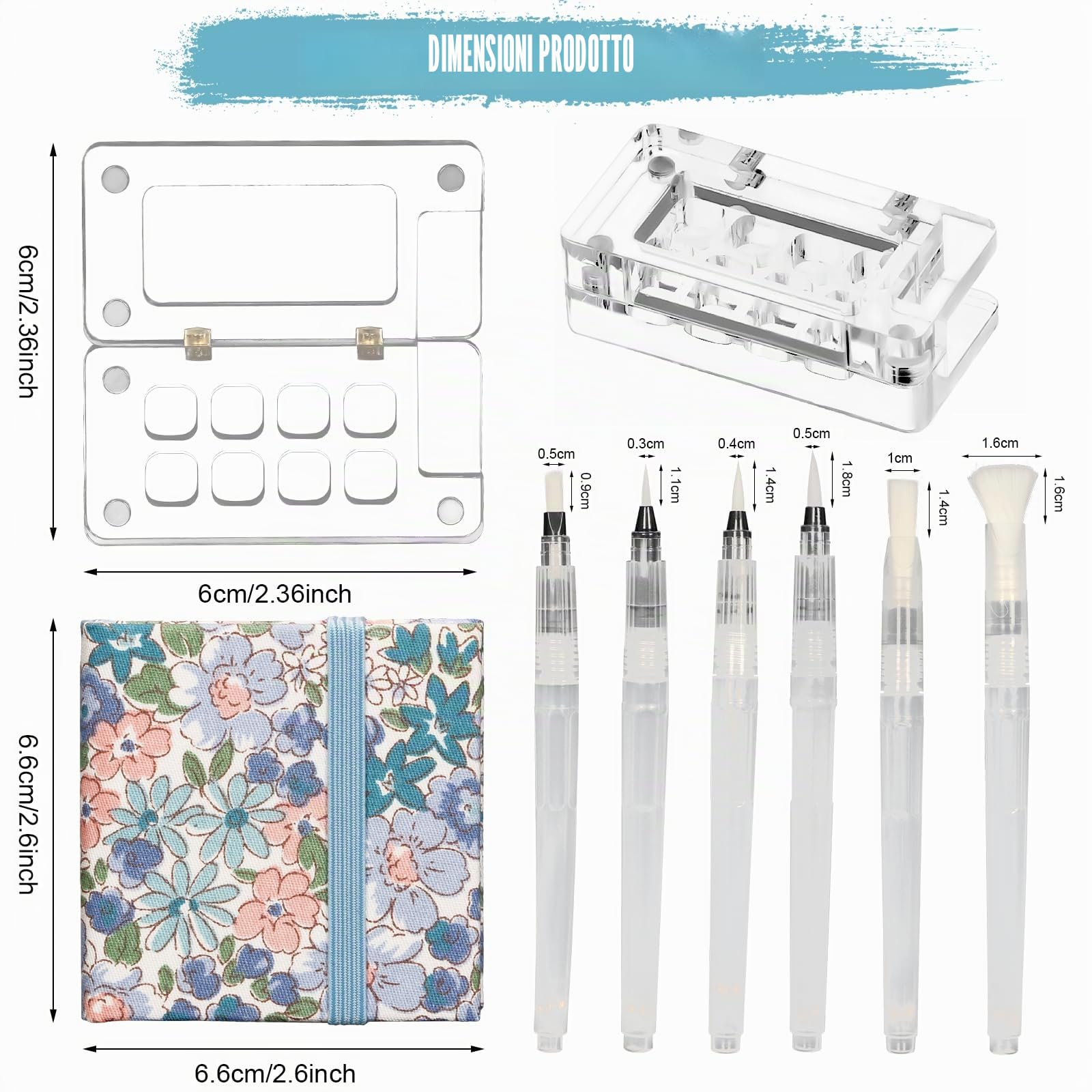 BigKing Set Mini Tavolozza Acquerelli da Viaggio con 1 Mini Tavolozza per Dipingere, 6 Pennelli Acquerello, 6 CM Quaderno per Schizzi, Borsa di Tela e Clip per Raccoglitore (Trasparente)