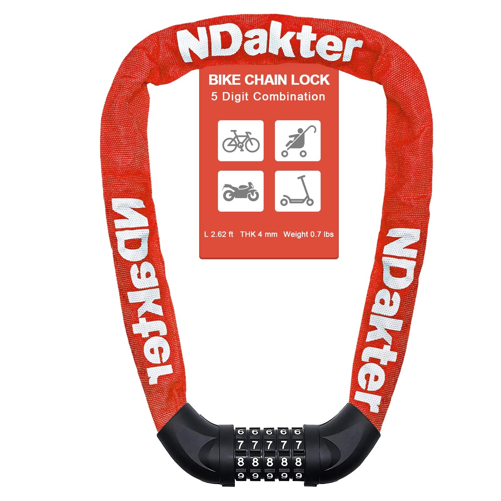 NDakter Bike Lock, 5 Digit Combination Heavy Duty Anti Theft Bicycle Chain Lock, 2.62/3.2/4.27/5/6Ft Long, High Security Resettable, Suitable for Bike, Scooter, Door, Gate, Fence-4/6mm Thick