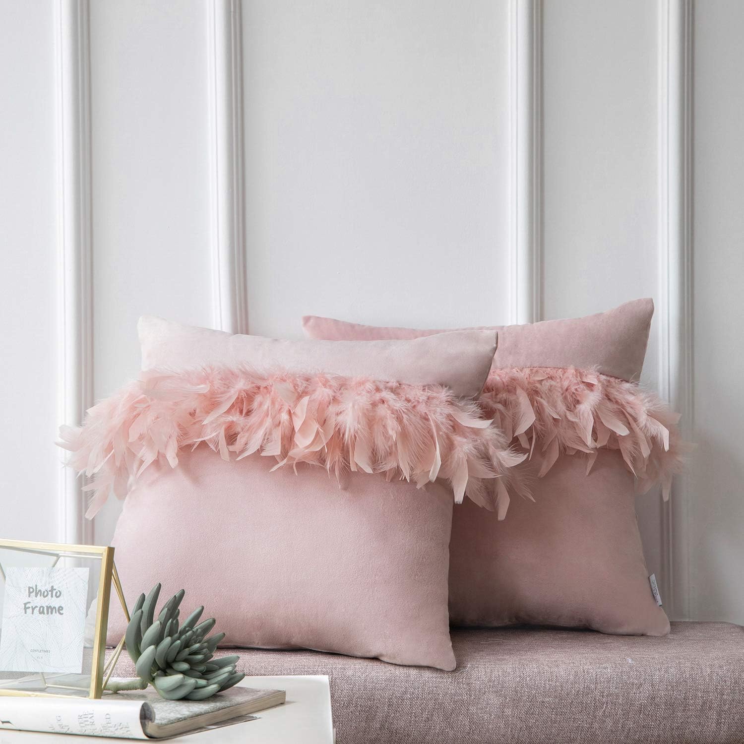 Ashler Pack of 2 Throw Pillow Cases Luxury Decorative Soft Velvet Cushion Covers with Feather for Couch Bed Living Room and Office Chair, Light Pink 20 x 20 inches 50 cm x 50 cm